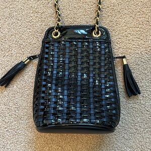 Black Pinky genuine leather crossbody bag with woven design and gold chain strap